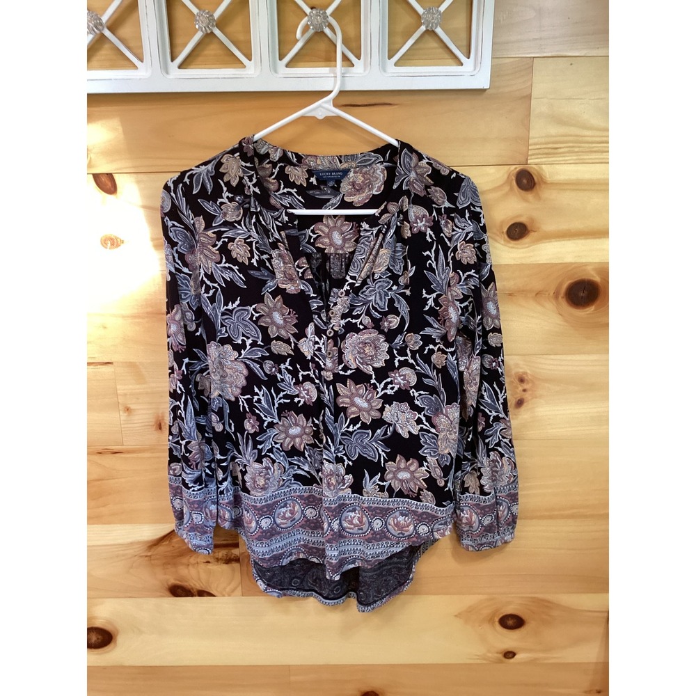 Lucky Brand Womens XS Black Floral Paisley Boho Split Neck Long Sleeve Blouse